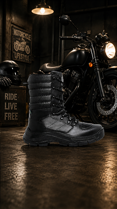 Bota Coturno Tática Motociclista Segurança Couro Ecológico Zíper - Marotto Mamba Negra 8600