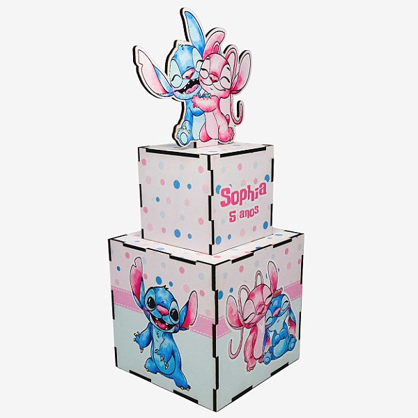 Cubo 2 Andares Stitch e Angel 12x12/8x8 (Aplique frente)