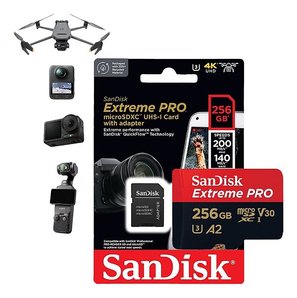 Cartão de Memória SanDisk Extreme Pro 256GB microSD SAction Cam com Adaptador