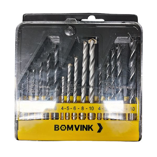 Jogo De Brocas Misto Com Maleta 16 Peças Madeira Concreto E Aço Bomvink BOM-5008