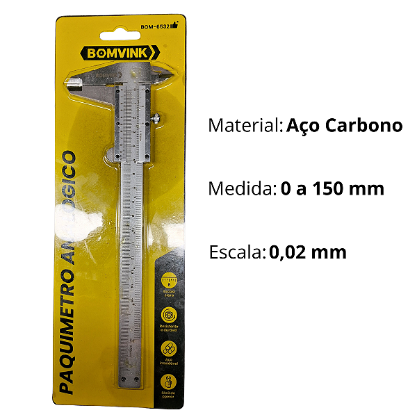 Paquímetro Analógico De Precisão 150 mm Em Aço Carbono Profissional Bomvink Modelo BOM-6532