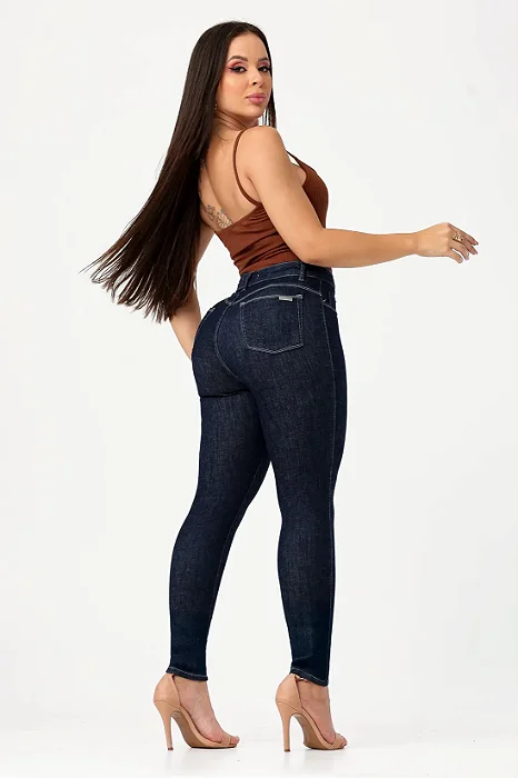 CALCA JEANS SKINNY BASICA MODELADORA LEVANTA BUMBUM CINTURA ALTA - COR AZUL ESCURO