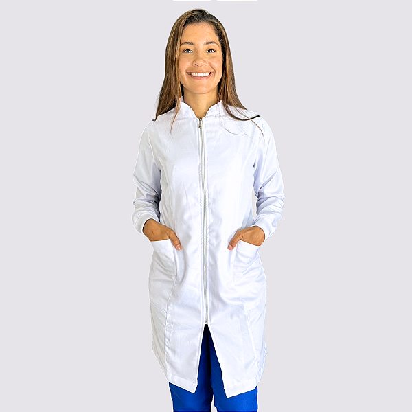 Jaleco Com Zíper Acinturado em Gabardine Feminino Gola Padre