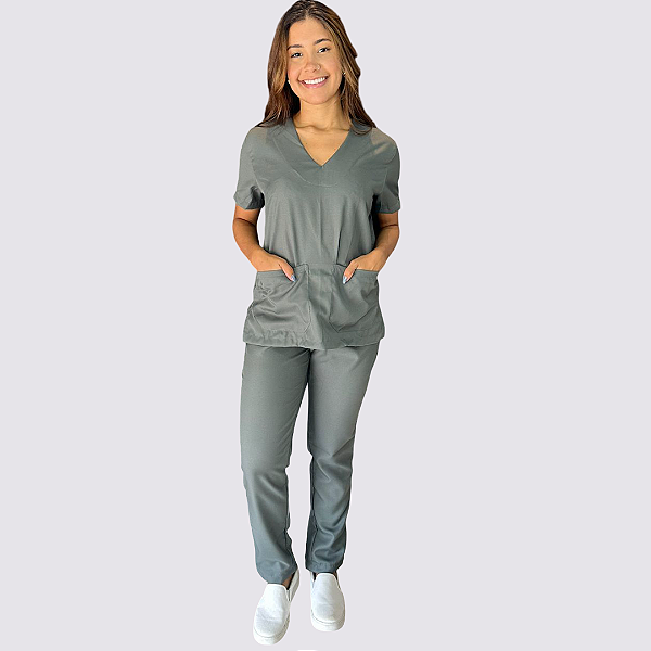 Pijama Clássico em Gabardine Feminino Cinza Claro