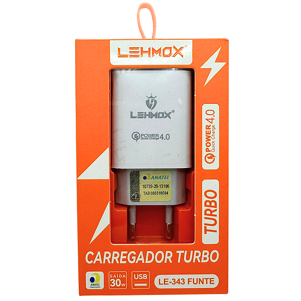 CARREGADOR DE TOMADA 1 USB TURBO 4.0 LE-343 LEHMOX