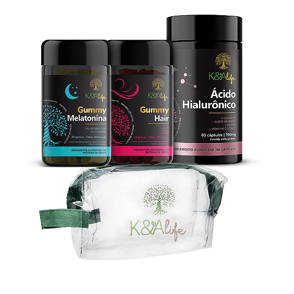 Kit 2 - 1 Gummy Hair + 1 Gummy Melatonina + 1 Ácido Hialurônico com Colágeno e Silício Orgânico em cápsulas (Acompanha necessaire exclusiva)