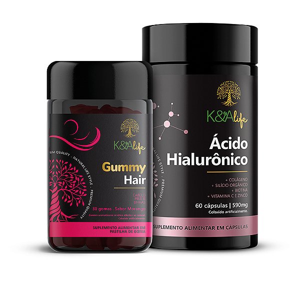1 Gummy Hair + 1 Ácido Hialurônico com Colágeno e Silício orgânico em cápsulas