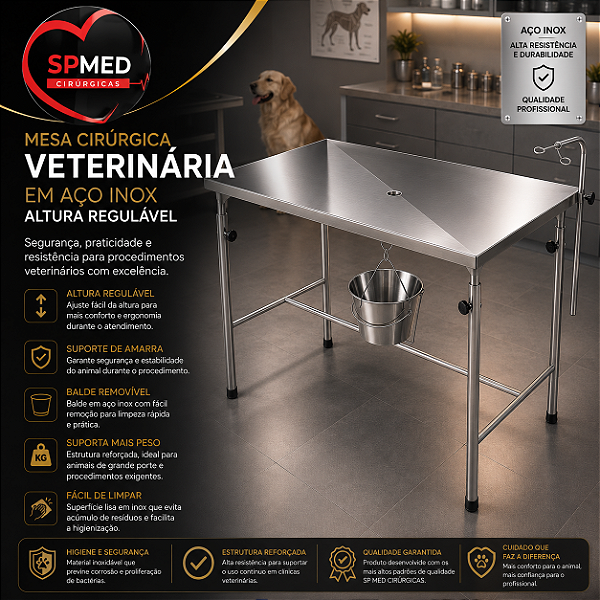 Mesa Cirúrgica Veterinária em Aço Inox Altura Regulável Suporte de Amarra e Balde