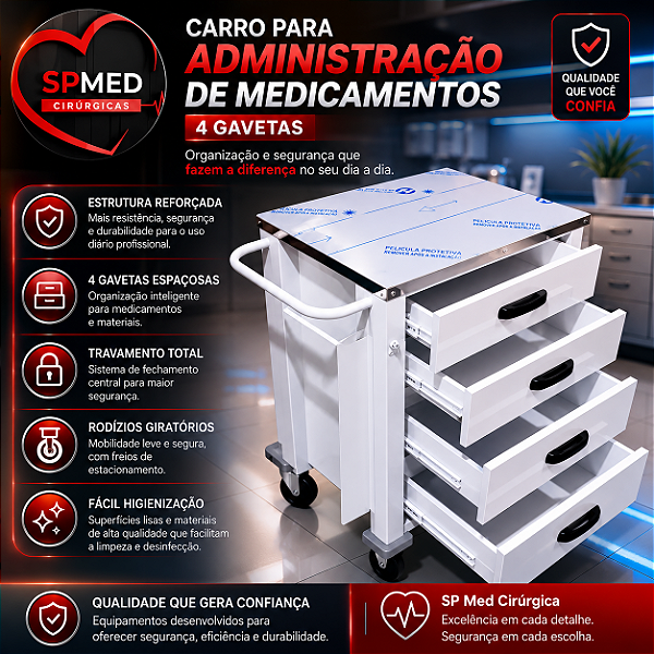 Carro Para Administração de Medicamentos com 4 Gavetas