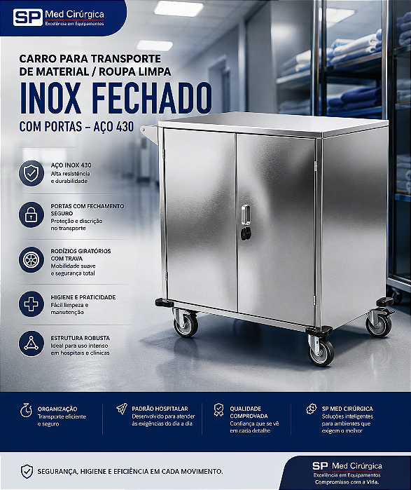 Carro para Transporte de Material / Roupa Limpa INOX Fechado c/ Portas