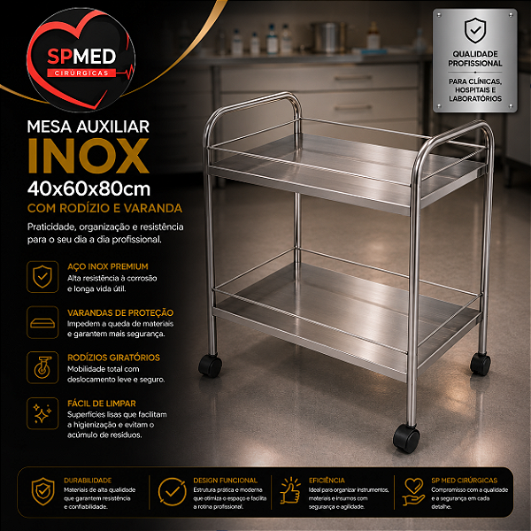 Mesa Auxiliar Inox 40x60x80cm com Rodizio e Varanda
