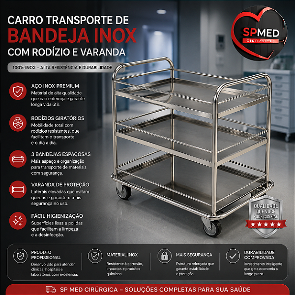 Carro transporte de Bandeja inox com Rodizio e Varanda