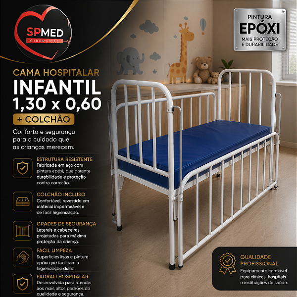 Cama Hospitalar Infantil 1,30 x 0,60 + Colchão
