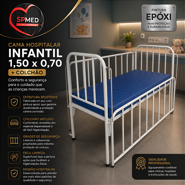 Cama Hospitalar Infantil 1,50 x 0,70 + Colchão