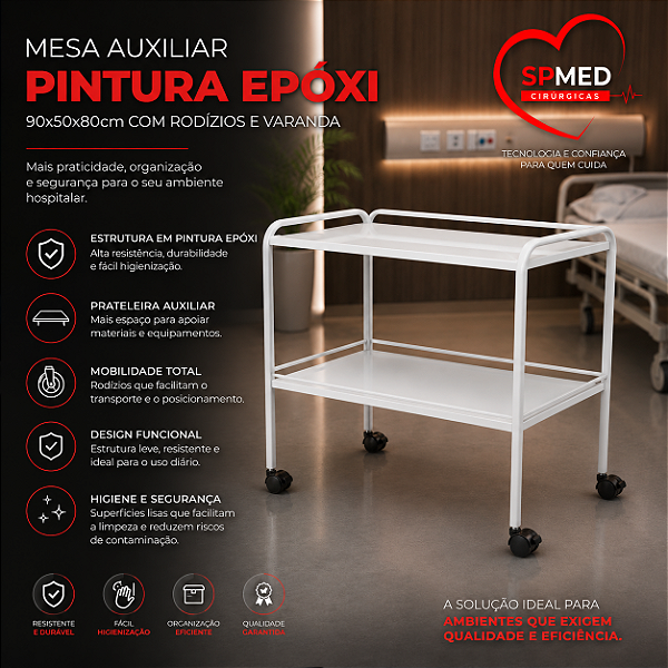 Mesa Auxiliar Pintura Epóxi 90x50x80cm com Rodizio e Varanda