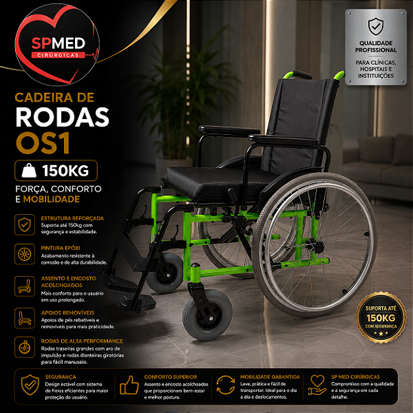 Cadeira de Rodas OS1 - Preta - 150kg