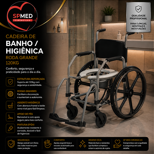 Cadeira de Banho/Higiênica Roda Grande - 120kg