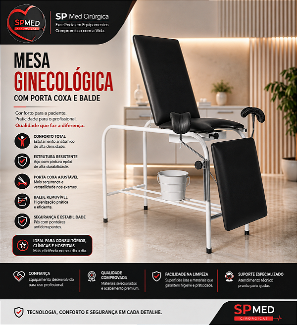 Mesa Ginecológica com Porta Coxa, Balde
