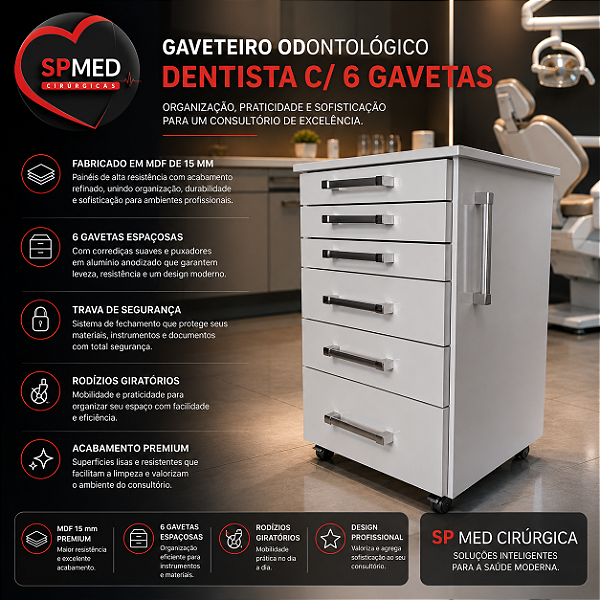 Gaveteiro Odontológico Dentista c/ 6 Gavetas