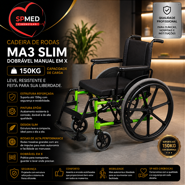 Cadeira de Rodas Dobrável Manual em X MA3 Slim - 150kg