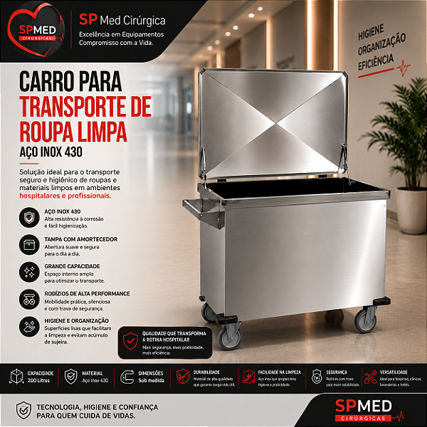 Carro para Transporte de Materiais em Aço Inox com Tampa