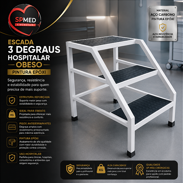 Escada 3 Degraus Hospitalar Pintura Epóxi - OBESO