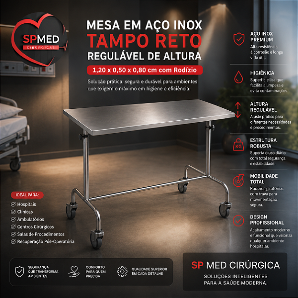 Mesa em Aço Inox TAMPO RETO - Regulável de Altura - 1,20x 0,50 x0,80cm com Rodízio