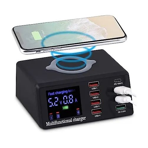 CARREGADOR AMPERIMETRO 8 SAIDAS DE CABO + 1 WIRELESS, TURBO E PD 20W / 100W MAX