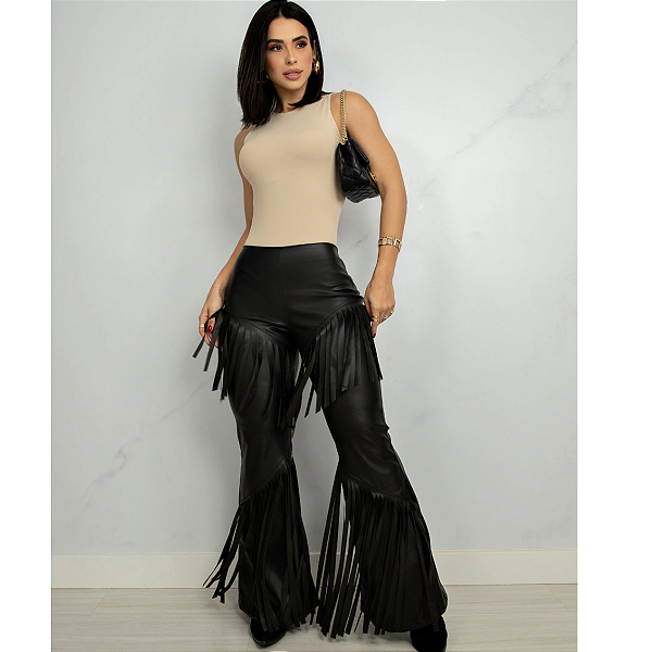 Calça Couro Franja Flare Luisa