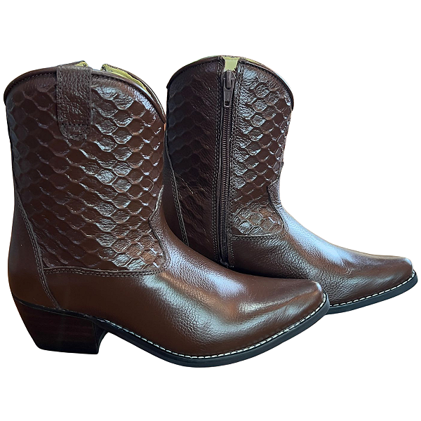 Bota Bico Fino Cano Baixo Marrom Laço de Prata