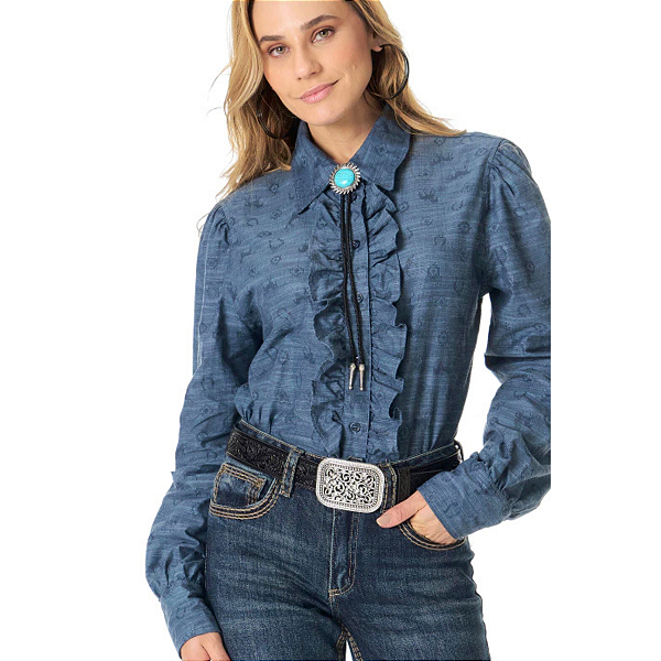 Camisa Fem Selff Western Jacquard com Bordados