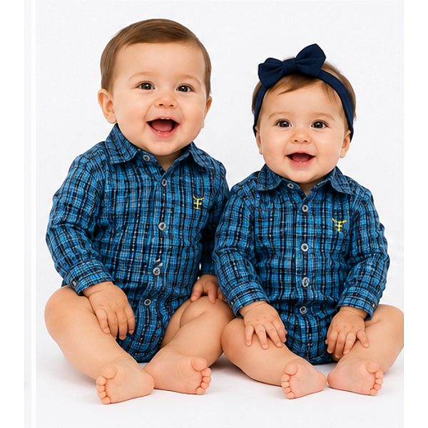Body Infantil Unissex Texas Farm Xadrez Azul / Preto