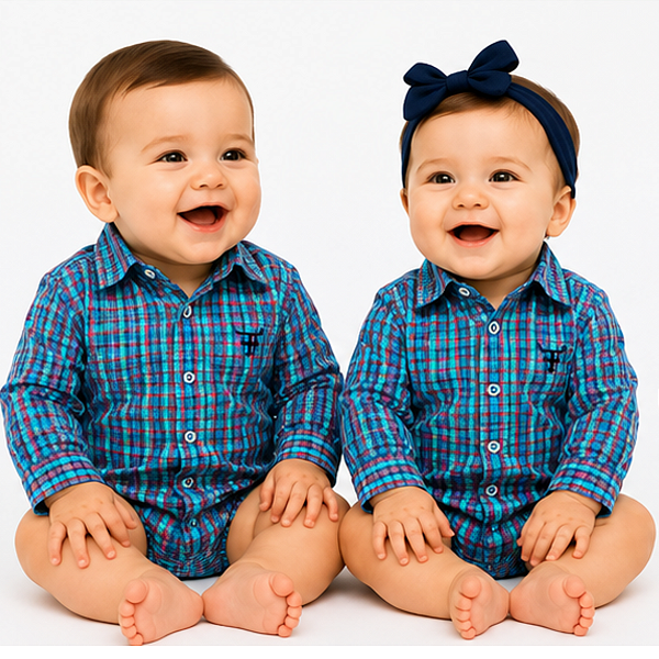 Body Infantil Unissex Texas Farm Xadrez Azul / Bordô