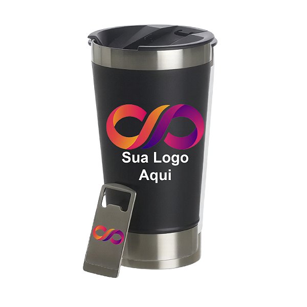 Copo Térmico Personalizado Logo em Cores e Auto Relevo - Frente e Verso + Abridor
