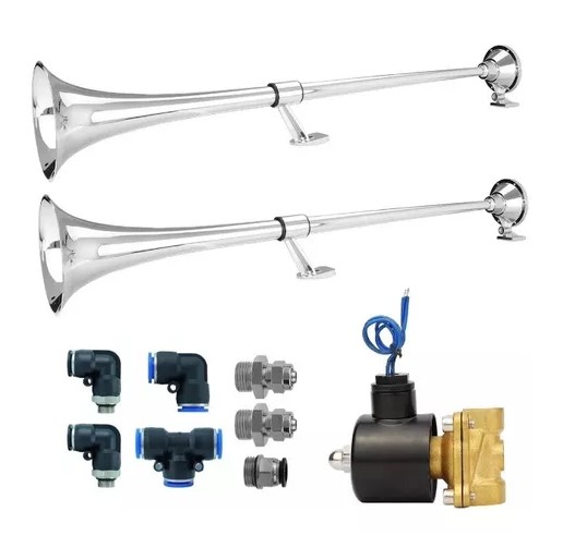 BUZINA MARÍTIMA AR / ELÉTRICA 2 CORNETAS 1 METRO COM KIT DE INSTALAÇÃO E VÁLVULA 1/2 CAMINHÕES - (K10310CC)
