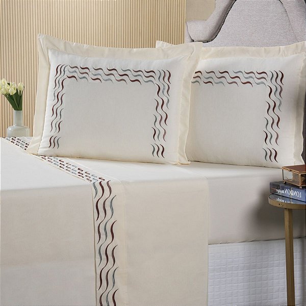 Jogo De Lençol Queen 04 Peças 100% Algodão Bordado Conforto Premium