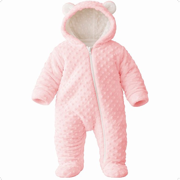 Macacão Ursinho Bebê Inverno Capuz Zíper Peludinho Bolinhas