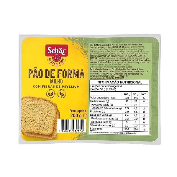 Pão de forma sem glúten Schar - Sabor milho