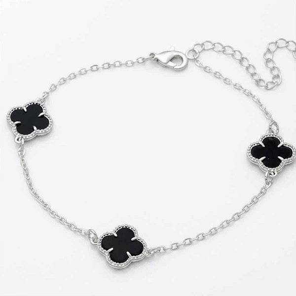 Pulseira Trevo Preto | Banhado a Prata