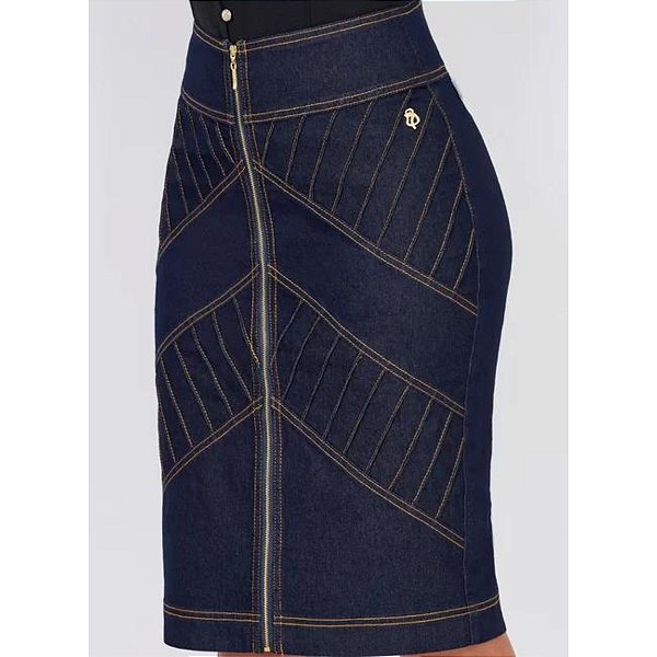Saia Jeans Dark Índigo Com Zíper Frontal E Recortes Diagonais