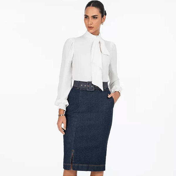 Saia Jeans Com Cinto Encapado