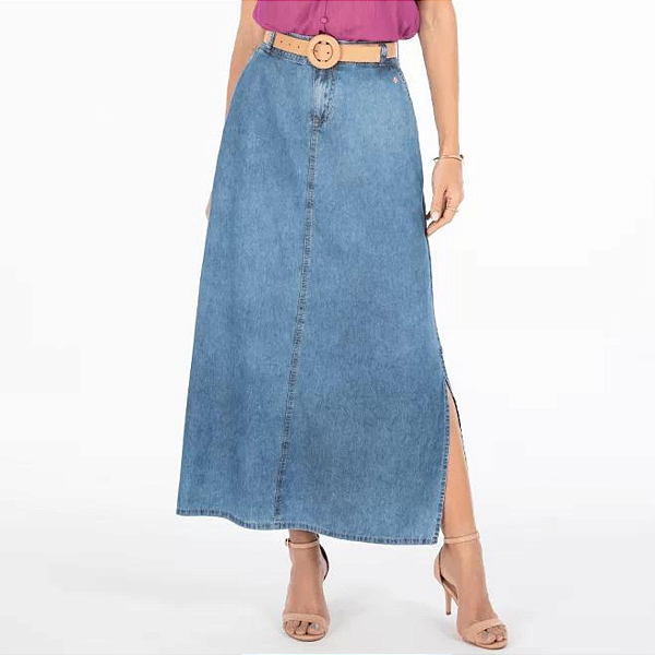 Saia Jeans Longa Com Fenda Lateral