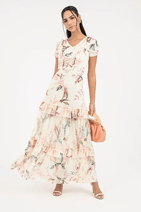 Vestido Em Tule Longuete Estampado Com Babados Via Tolentino