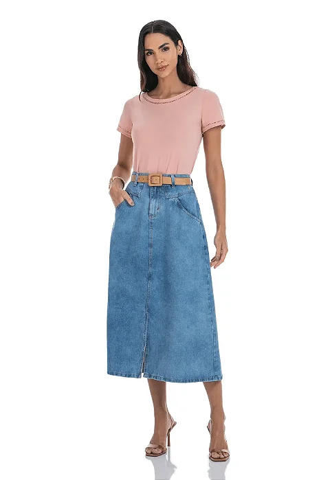 Saia Jeans Feminina Com Bolsos E Cinto Sintetico