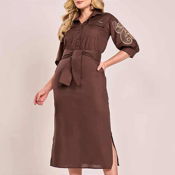 Vestido Chemise Marrom Linho Bordados Richelieu Midi