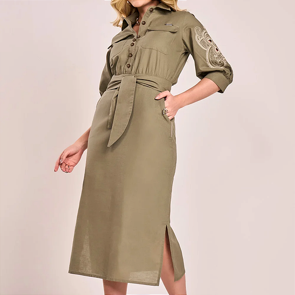 Vestido Chemise Verde Linho Bordados Richelieu