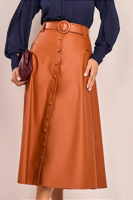 Saia Couro Ecológico Abertura De Botões Evasê Midi Fascinius