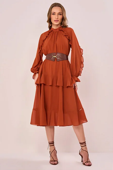 Vestido Crepe Gola Alta E Babados Curto Fascinius