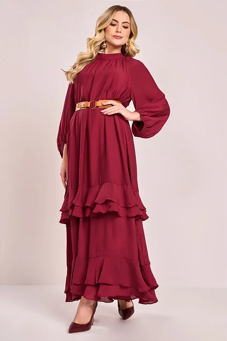 Vestido Viscose Gola Alta Saia Com Babados Fascinius