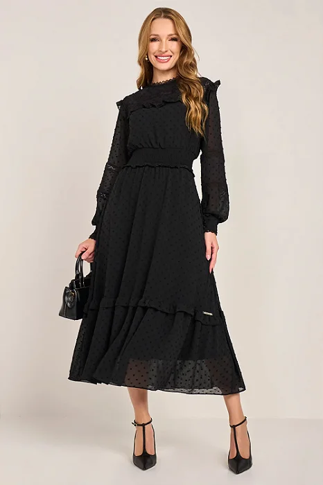 Vestido Em Poás Manga Longa Raglan Evasê Midi Fascinius